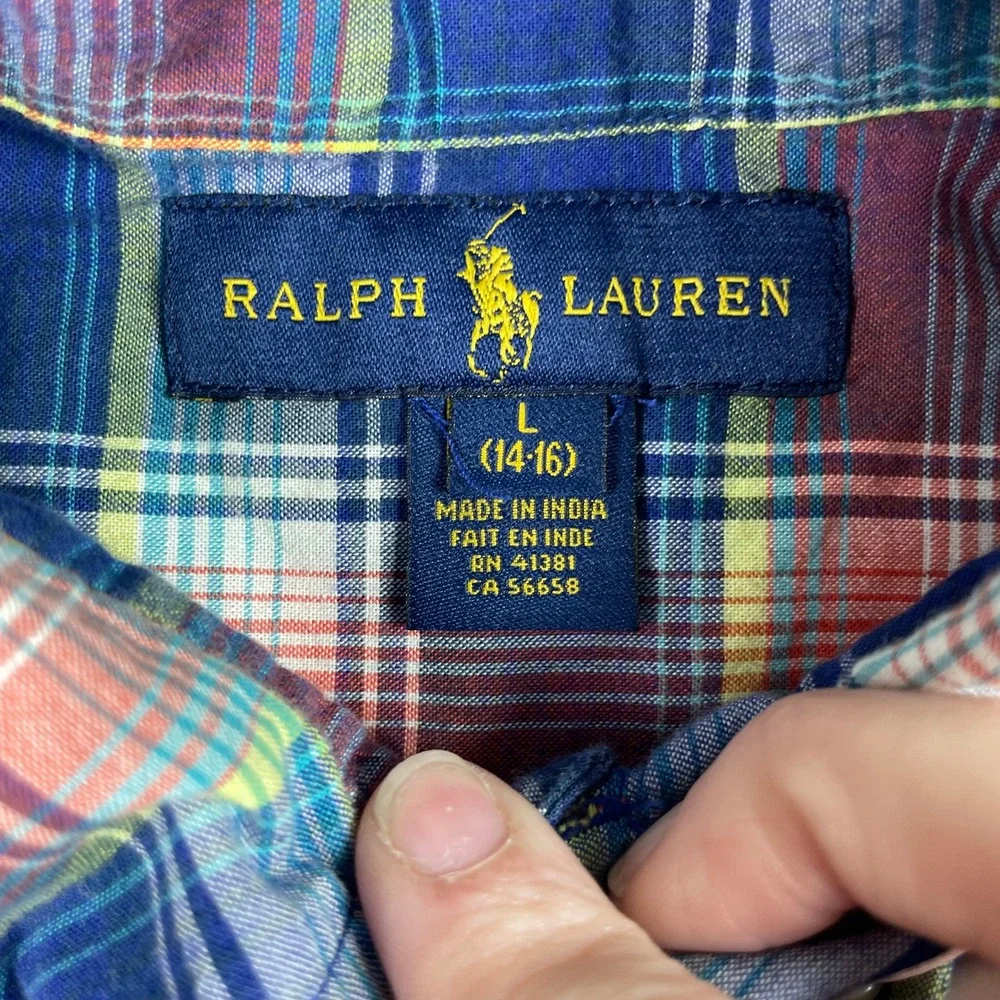 Ralph Lauren Button Down Shirt Boys L (14-16) Blue Plaid Long Sleeve Classic